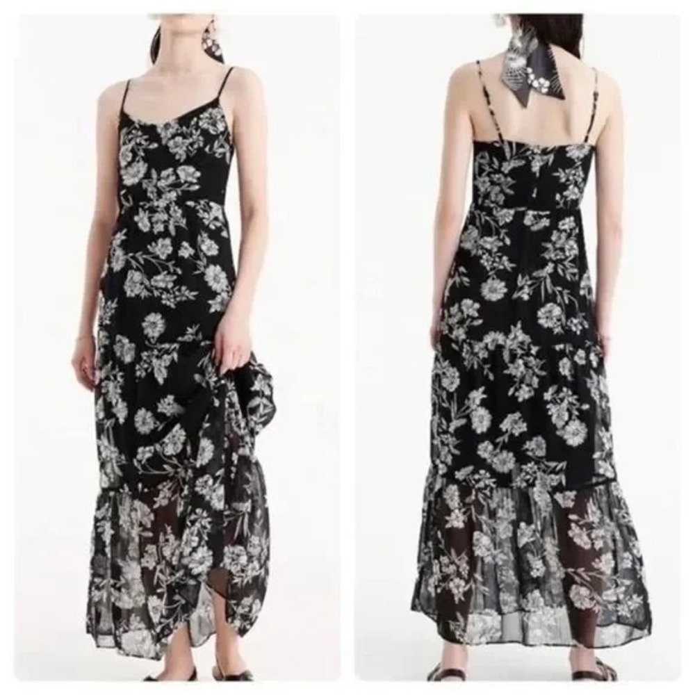 J.Crew Mercantile Floral Tiered Maxi Dress Chiffon J4263 Black & White Size 14 - Picture 1 of 15